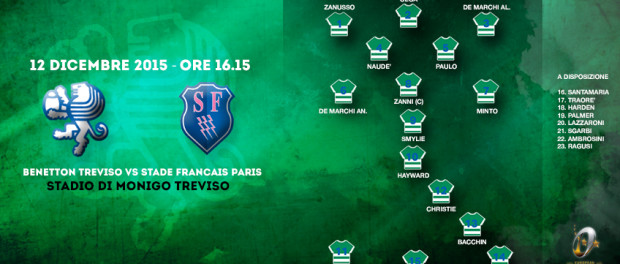 Il XV del Benetton per la sfida contro lo  Stade Francais Paris