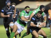 28/10/16 GUINNESS PRO12  
  GLASGOW WARRIORS v BENETTON TREVISO 
  SCOTSTOUN - GLASGOW  
  Glasgow Warriors' Rory Hughes (front) with Nicola Quaglio (2nd from left) and Ian McKinley