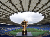 ROME, ITALY - JANUARY 14:  The Webb Ellis Cup visits the Olympic Stadium, Rome as part of the Rugby World Cup Trophy Tour, delivered in partnership with Land Rover and DHL on January 14, 2015 in Rome, Italy.  (Photo by Valerio Pennicino/Getty Images for England Rugby 2015)