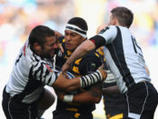 COVENTRY, ENGLAND - OCTOBER 15:  Nathan Hughes of Wasps is takled duing the European Rugby Champions Cup match between Wasps and Zedbre Rugby at The Ricoh Arena on October 15, 2016 in Coventry, United Kingdom.  (Photo by Warren Little/Getty Images)